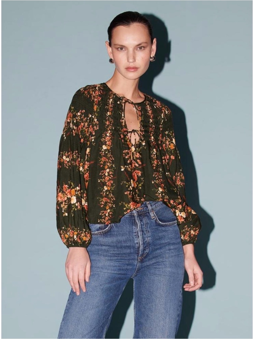 Saylor Imogene Black Floral Smocked Puff Sleeve Top S Anthropologie